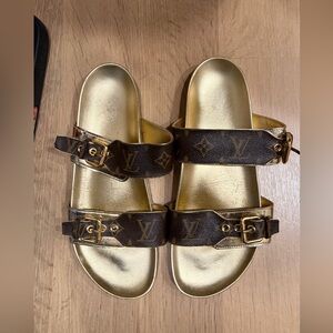 Louis Vuitton Monogram Brown and Gold Slides